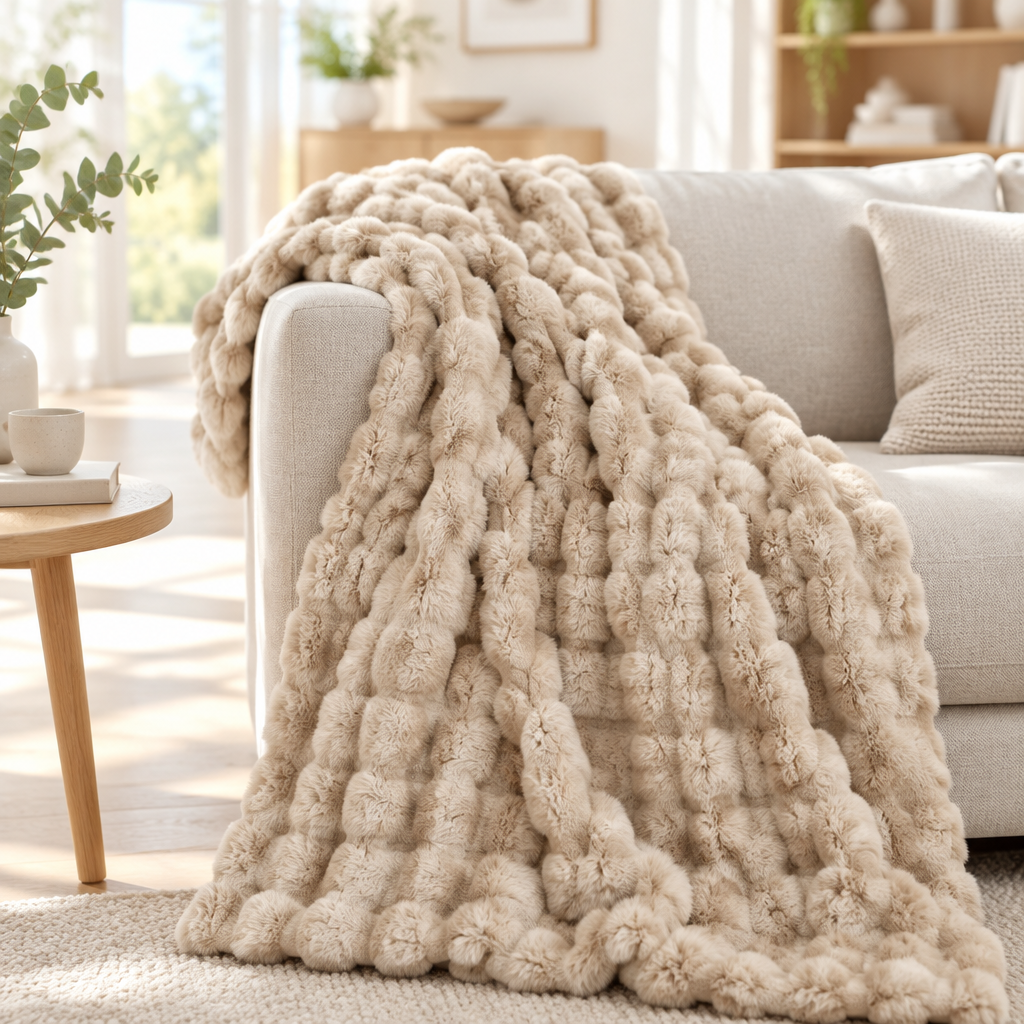 Beige bubble-textured plush blanket draped over a light gray sofa arm in a bright living room 12