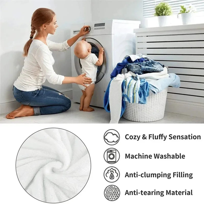 Care infographic: woman and toddler at a washing machine, with a swirl of white fabric and four feature icons 11
