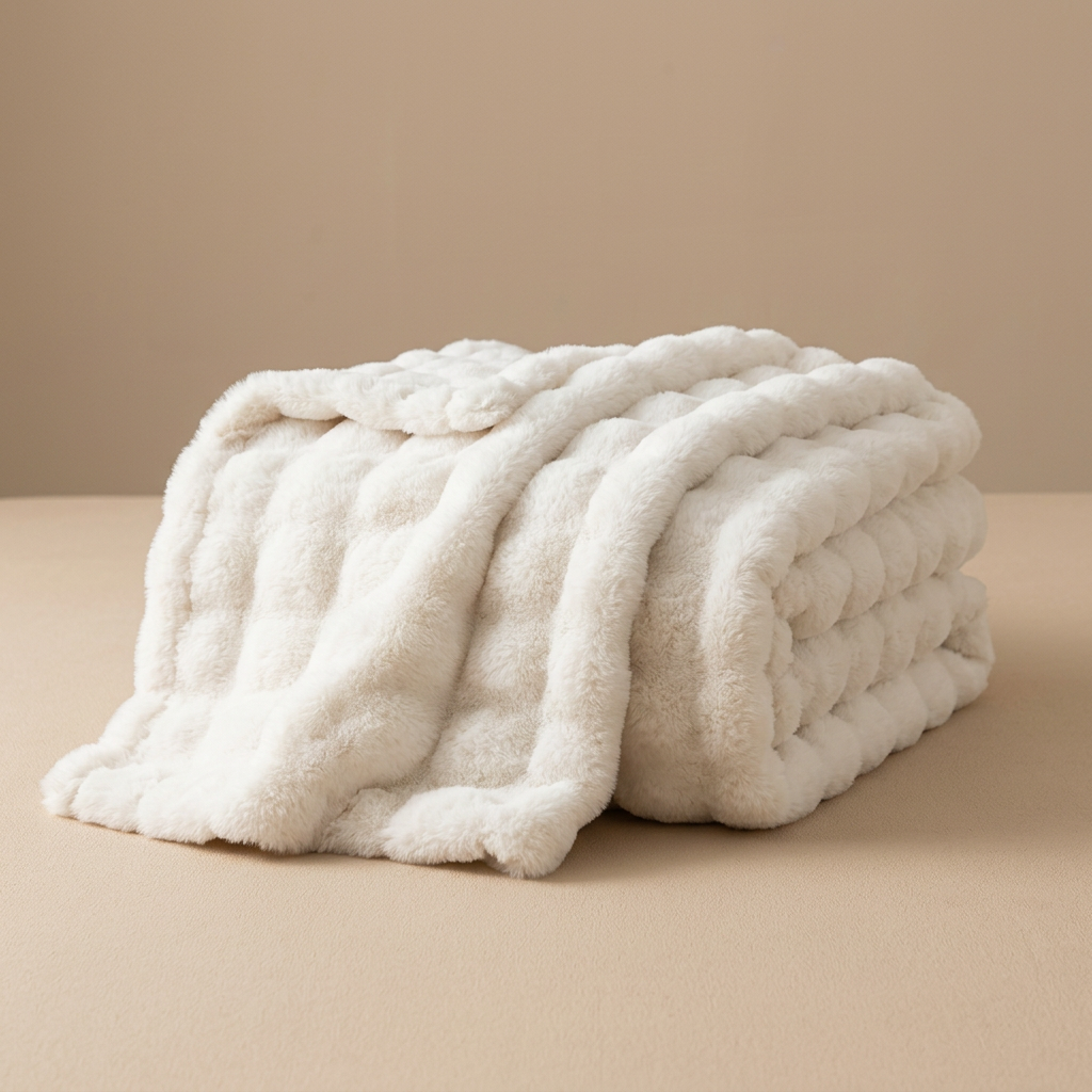 Folded white plush blanket with soft ridged texture resting on a beige surface 16