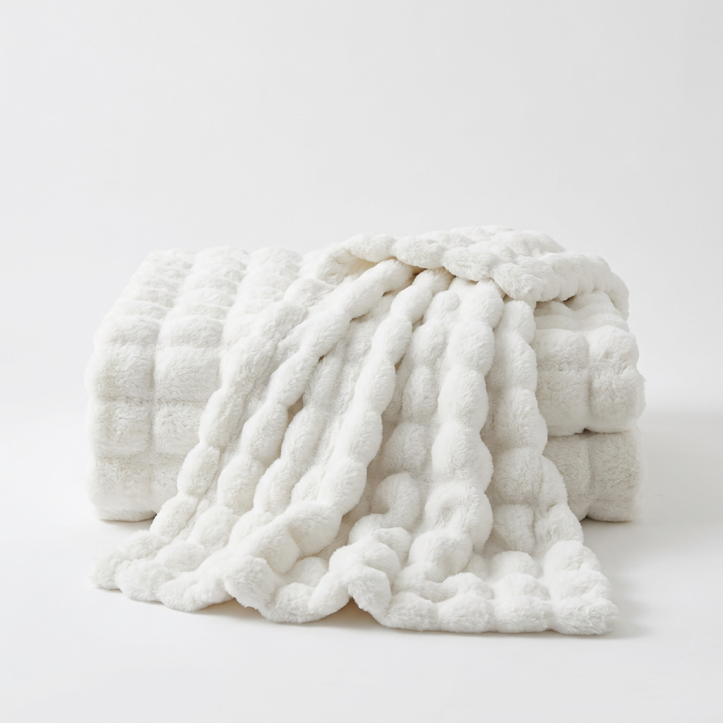 White plush throw folded with one end draped over the stack, showing its bubble texture on a white background 15