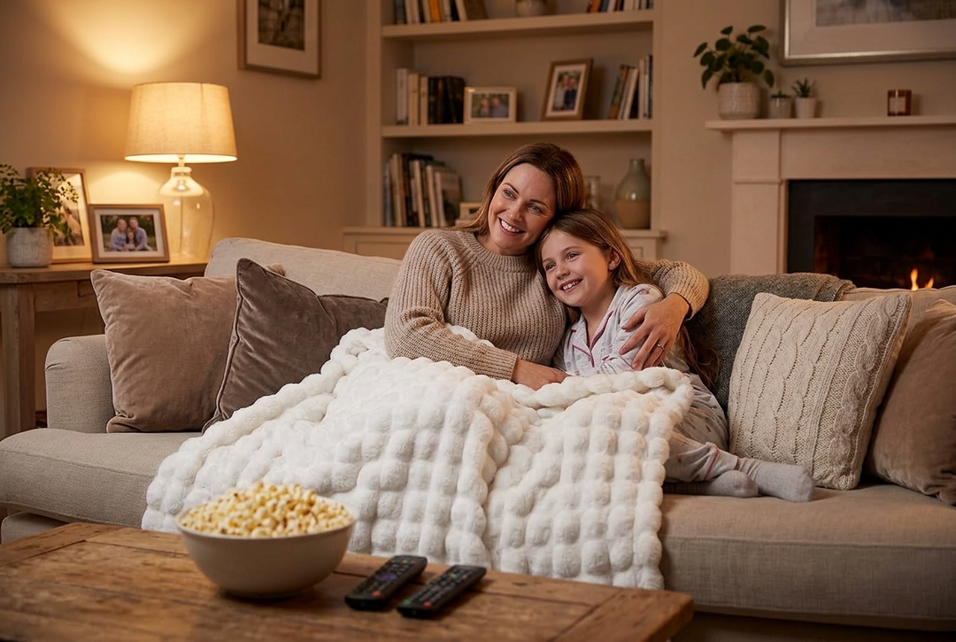 Mother and daughter cuddle under a white bubble-textured plush blanket on a living room sofa 1