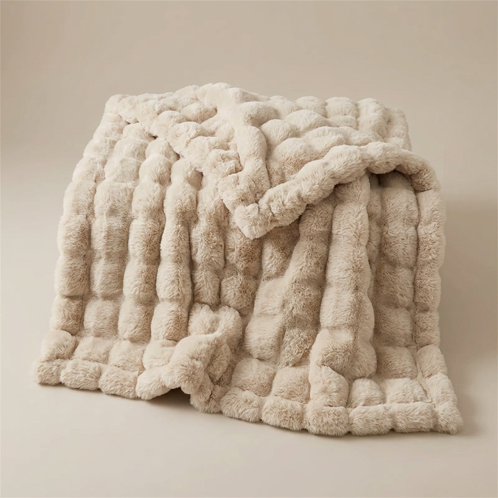 Beige bubble-textured plush blanket folded loosely on a neutral background 13
