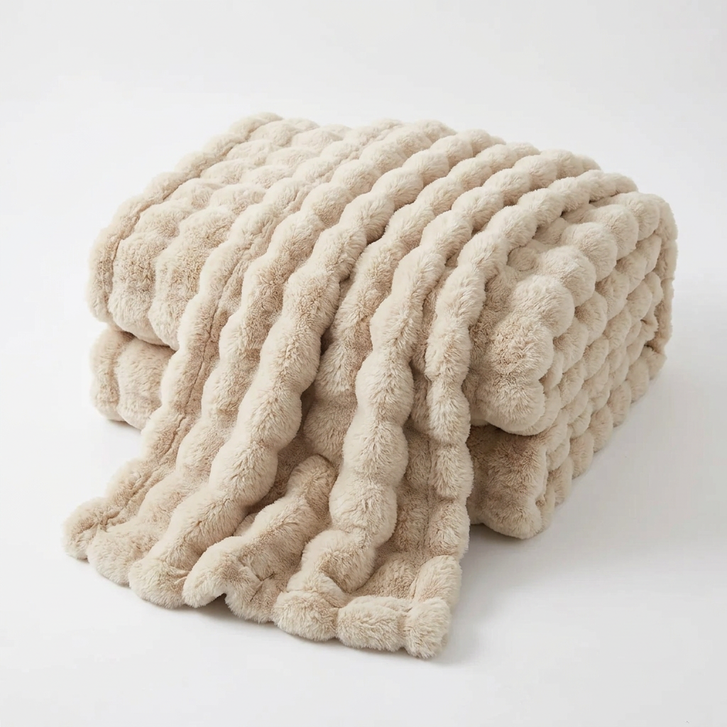 Beige plush throw folded and draped on a white background, showing its ribbed bubble texture 16
