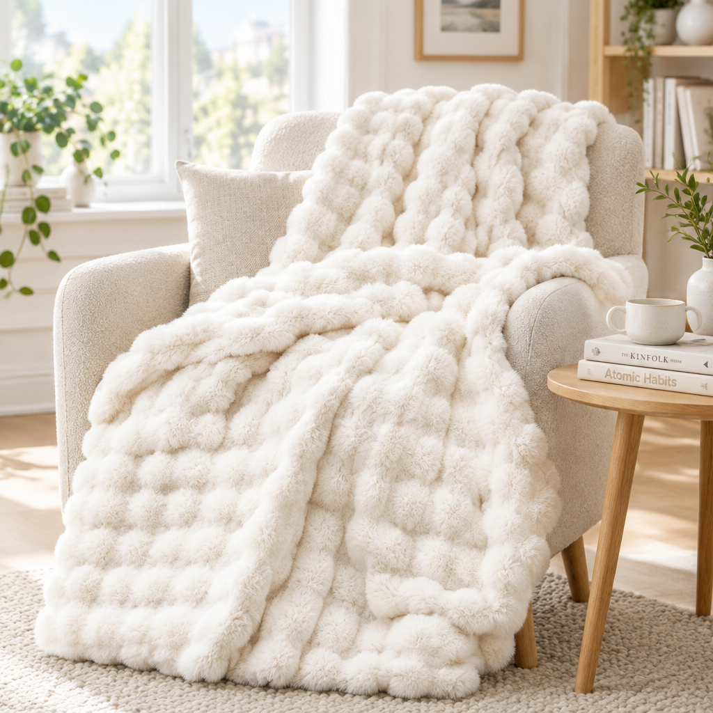 Cream white plush bubble-textured throw draped over an armchair in a sunny living room corner 16