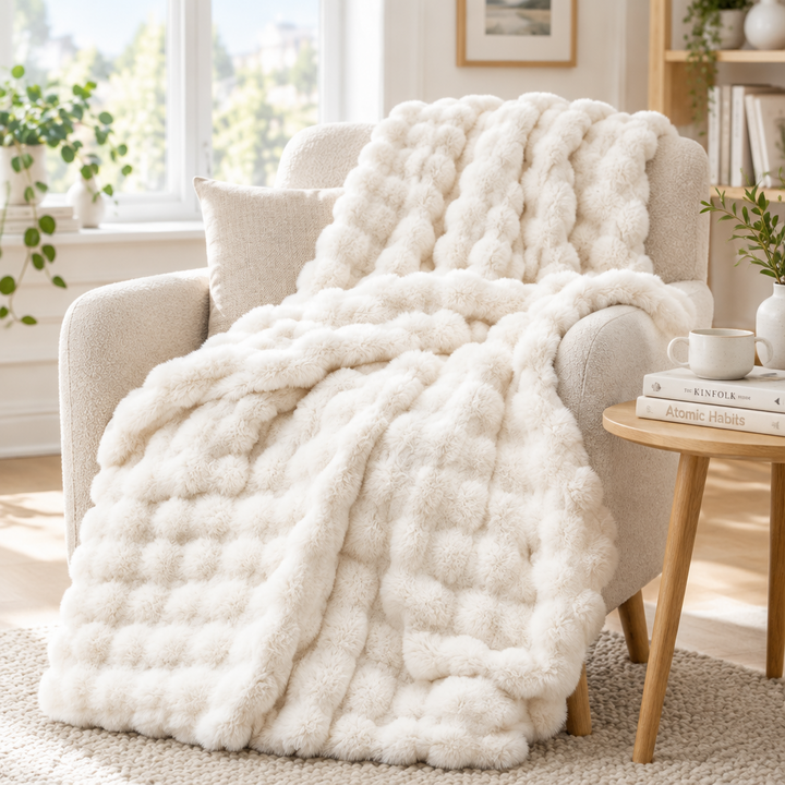 Cream white plush bubble-textured throw draped over an armchair in a sunny living room corner 16