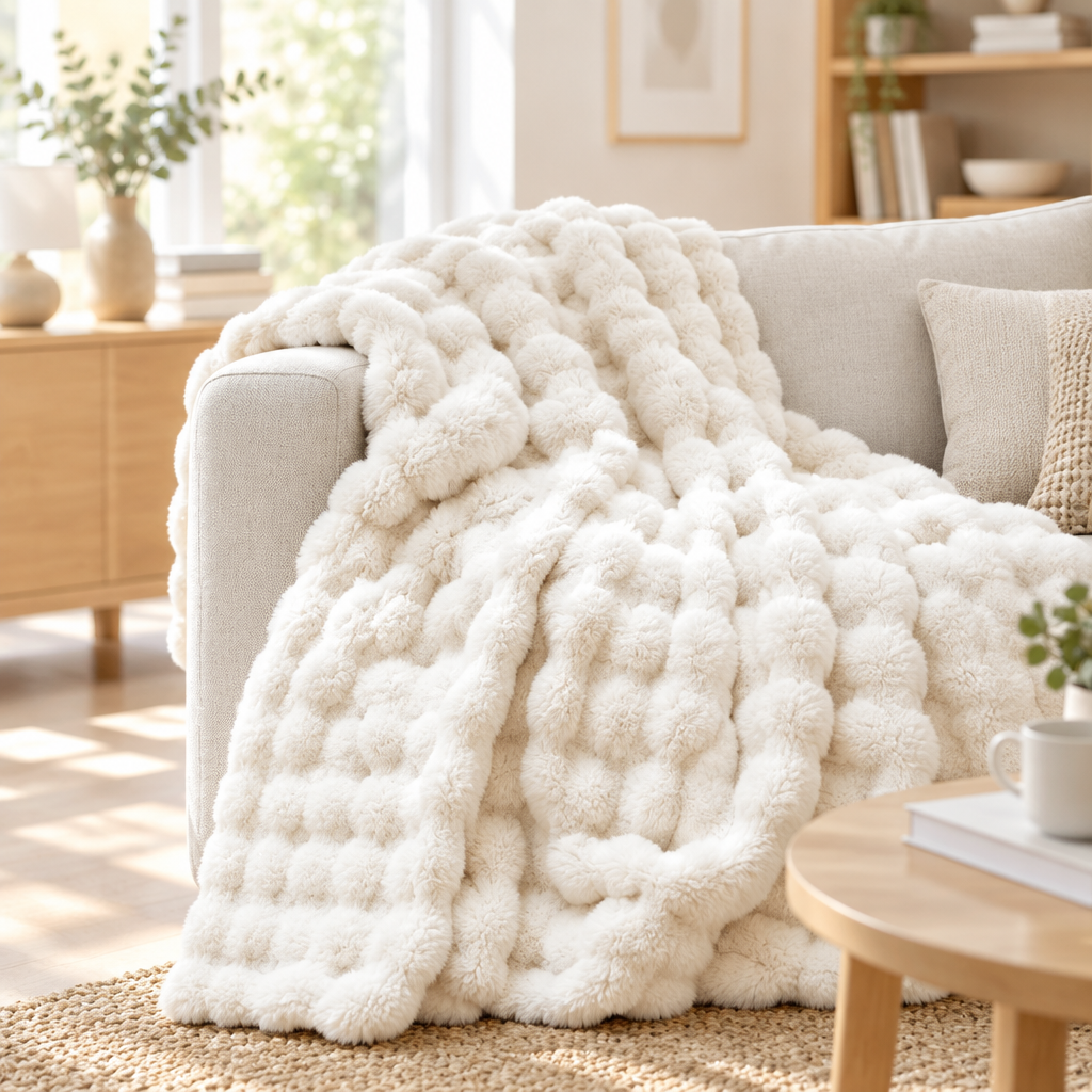 Fluffy white bubble-textured plush blanket draped over a gray sofa near a round wooden table 15
