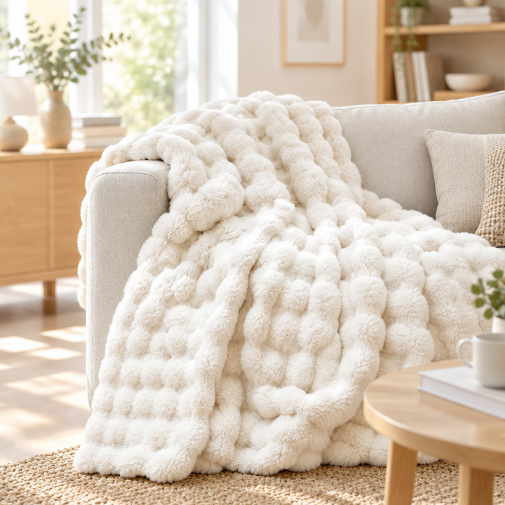 Fluffy white bubble-textured plush blanket draped over a gray sofa near a round wooden table 15
