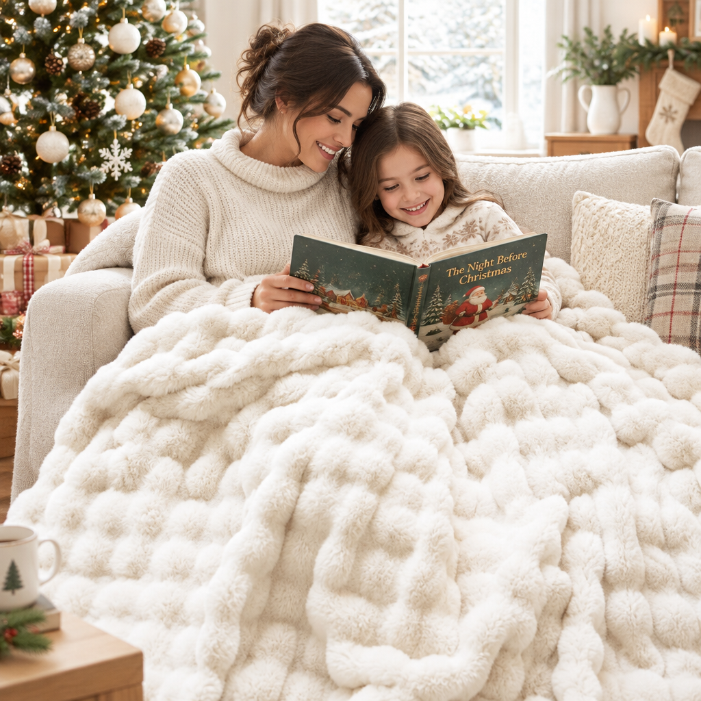 Mother and daughter read a book under the cream bubble-textured blanket on a sofa by a Christmas tree 1
