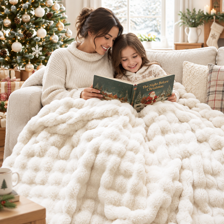 Mother and daughter read a book under the cream bubble-textured blanket on a sofa by a Christmas tree 1