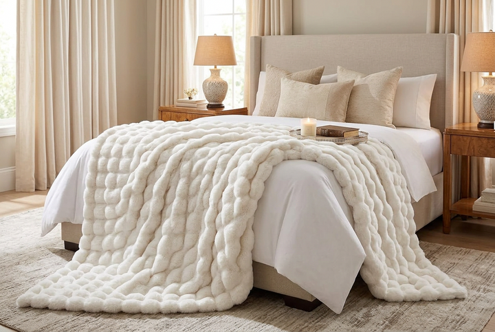 Cream bubble-textured faux fur throw draped over the foot of a bed in a neutral bedroom 1