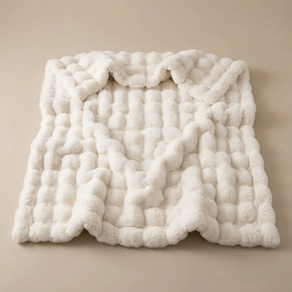 Cream plush bubble-textured blanket laid flat from above on a beige surface 16