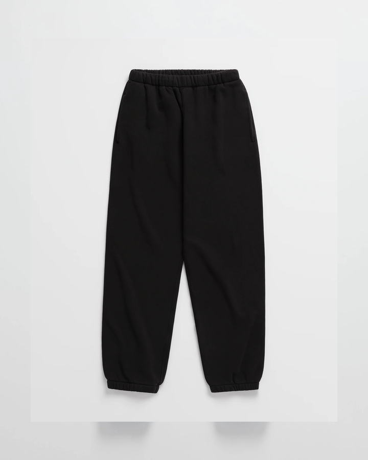 Black jogger sweatpants laid flat, with an elastic waistband, side pockets and gathered ankle cuffs 10