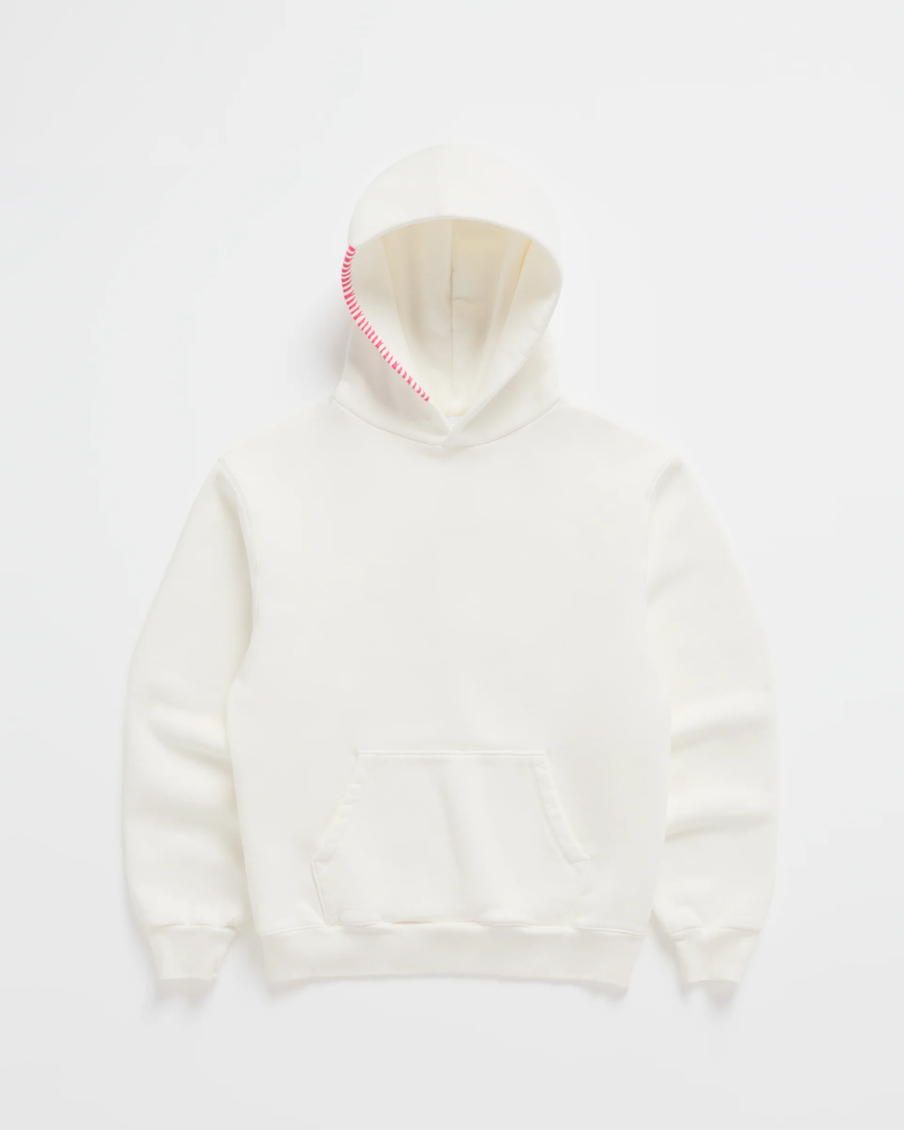 Cream white hoodie laid flat, front view, with bright pink stitching along the hood edge and a kangaroo pocket 2