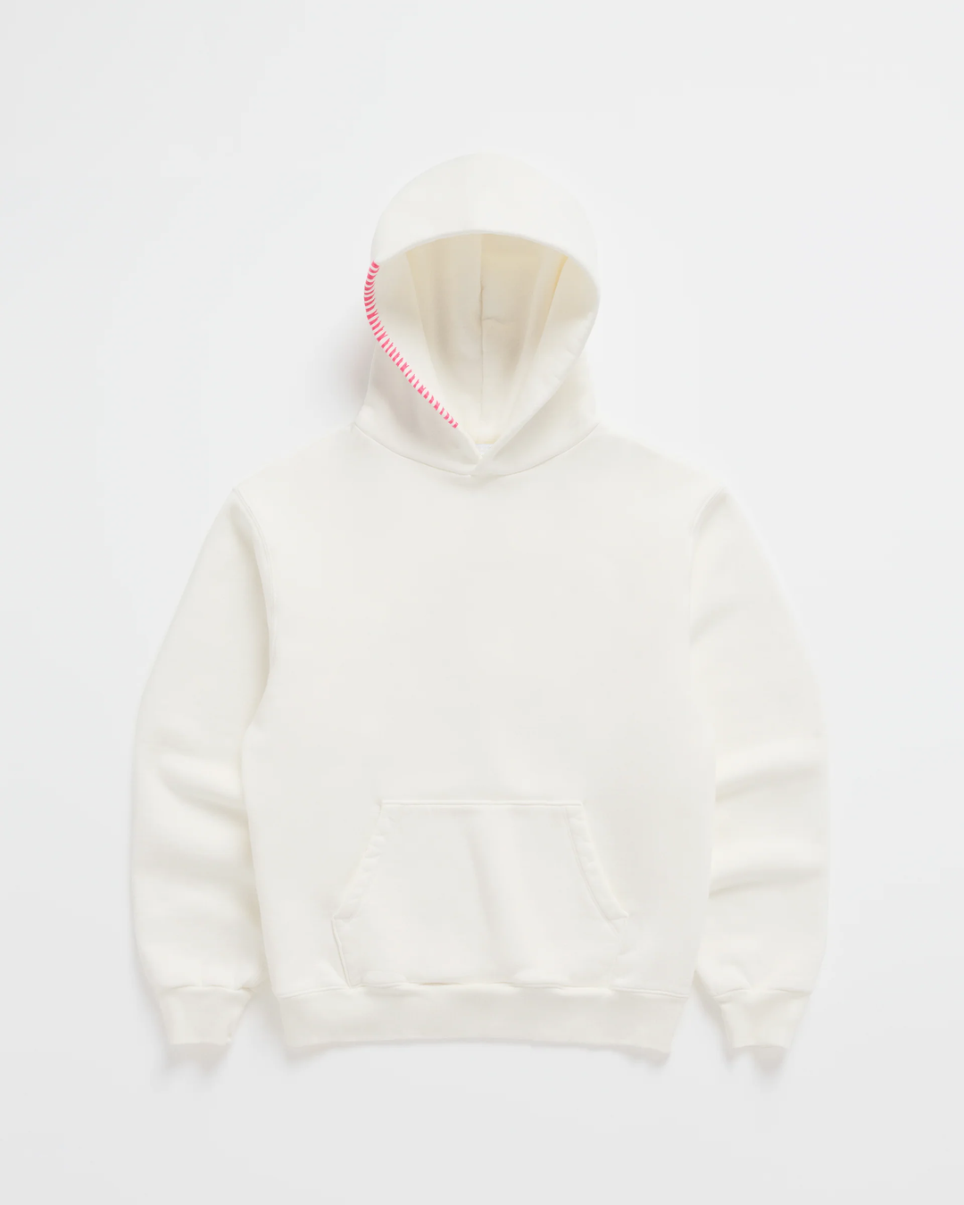 Cream white hoodie laid flat, front view, with bright pink stitching along the hood edge and a kangaroo pocket 2