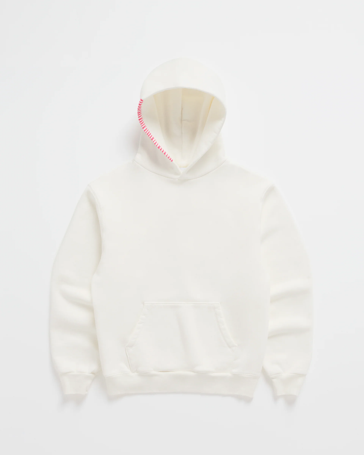 Cream white hoodie laid flat, front view, with bright pink stitching along the hood edge and a kangaroo pocket 2