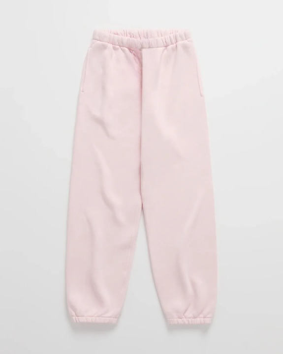 Light pink jogger sweatpants laid flat, with an elastic waistband, side pockets and elastic ankle cuffs 8