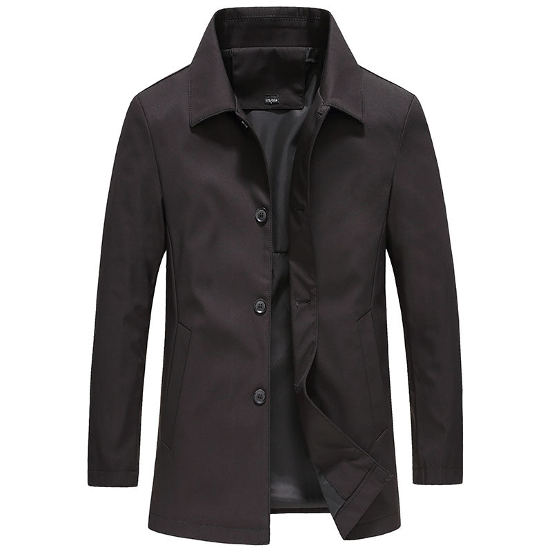 Windproof Long Men's Coat in Solid Color - Mees