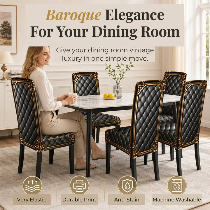 Dining chairs in black and gold baroque-print covers at a marble table.