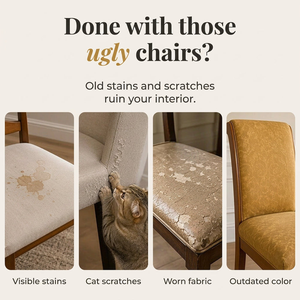 Four-panel collage of worn dining chairs showing damage and stains.