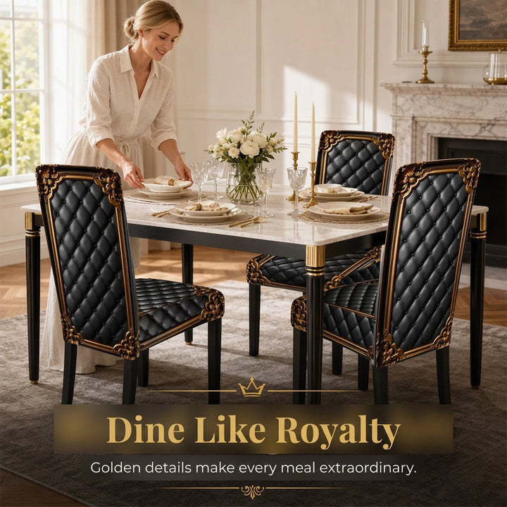 Dining chairs in black and gold baroque-print covers beside a formal table setting.