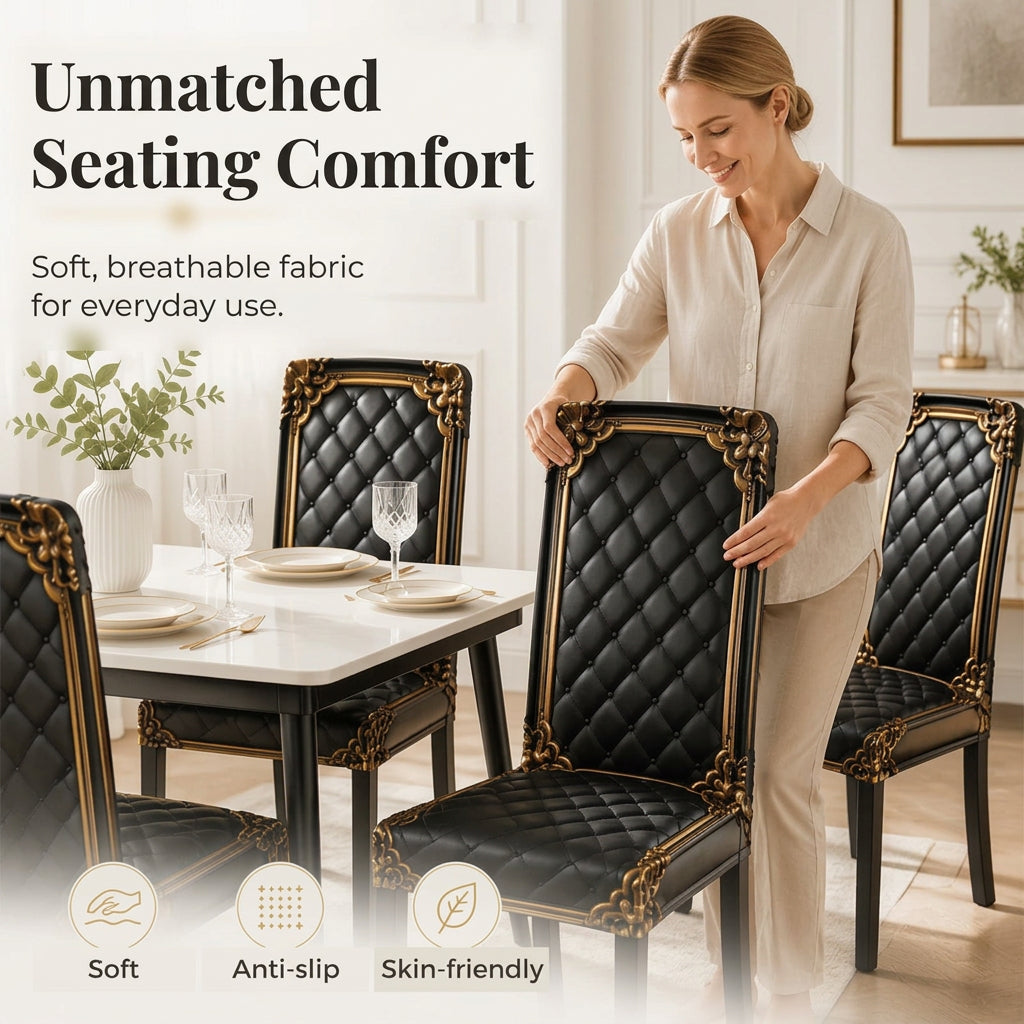Another view of a black and gold chair cover on a dining chair with place settings nearby.