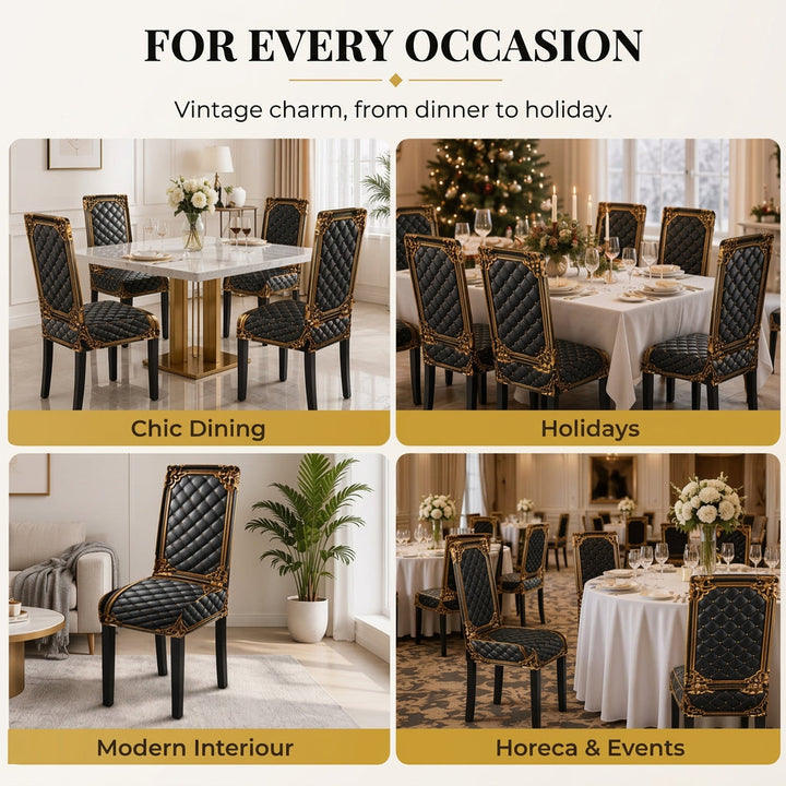 Four-scene collage of black and gold covered chairs in different rooms and settings.