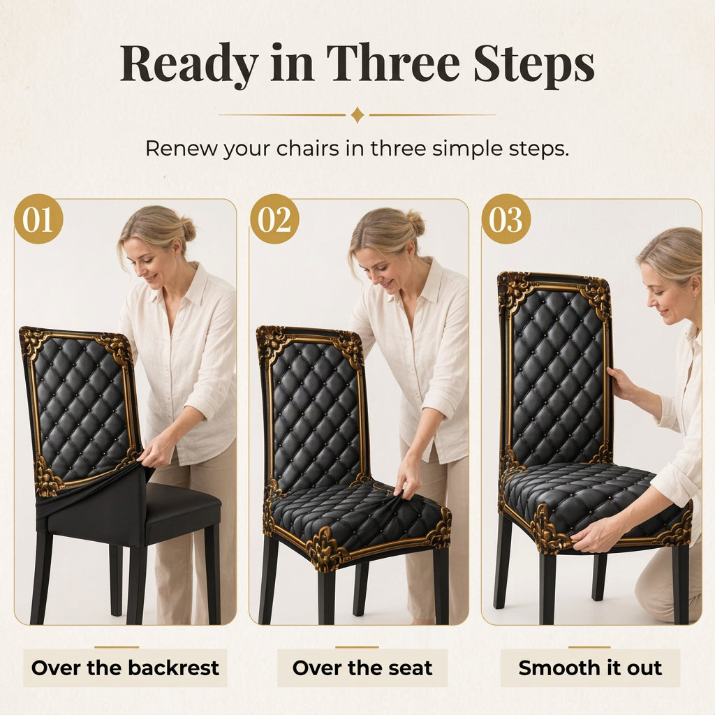 Three-step sequence of fitting a black and gold chair cover over a chair.