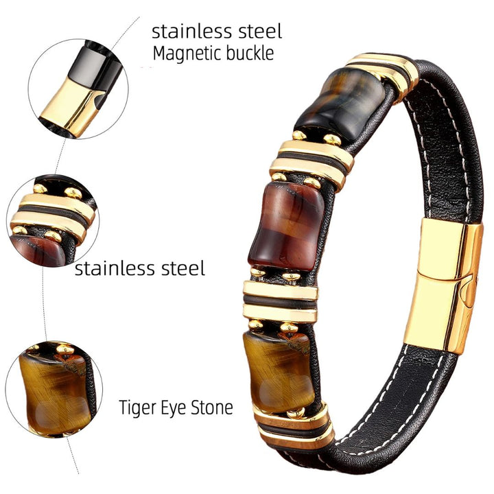 Tiger's Eye Natural Stone Leather Bracelet | Women's Jewellery-GOLD RED TIGER EYE-19CM-Nora Luxe