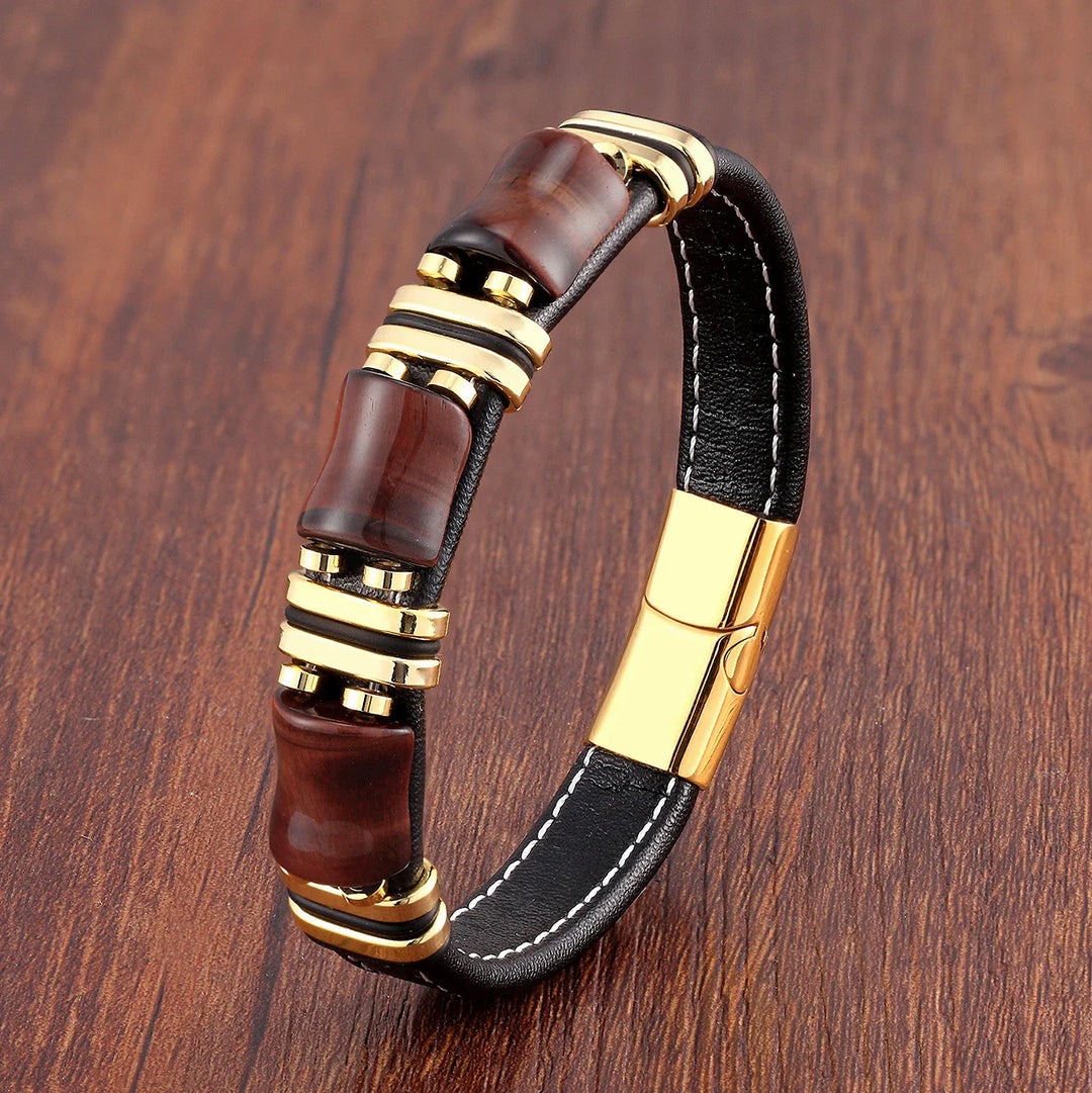 Tiger's Eye Natural Stone Leather Bracelet | Women's Jewellery-GOLD RED TIGER EYE-19CM-Nora Luxe