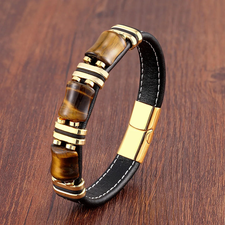 Tiger's Eye Natural Stone Leather Bracelet | Women's Jewellery-GOLDEN TIGER EYE-19CM-Nora Luxe