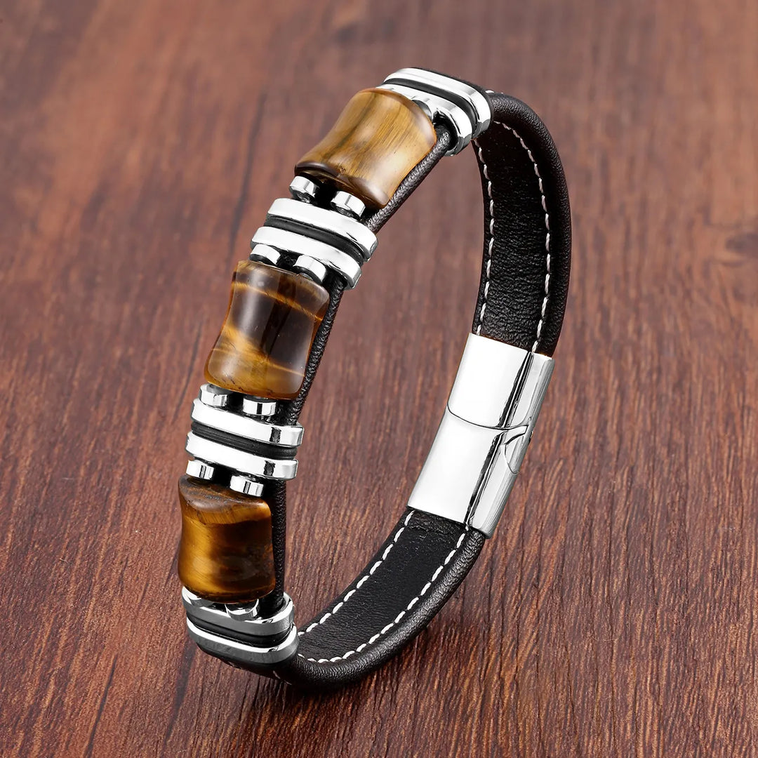 Tiger's Eye Natural Stone Leather Bracelet | Women's Jewellery-SILVER TIGER EYE-19CM-Nora Luxe