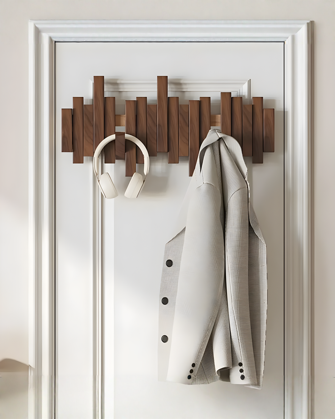 Dark wooden rack mounted on a white paneled door, with cream headphones on one hook and a light gray jacket on another.
