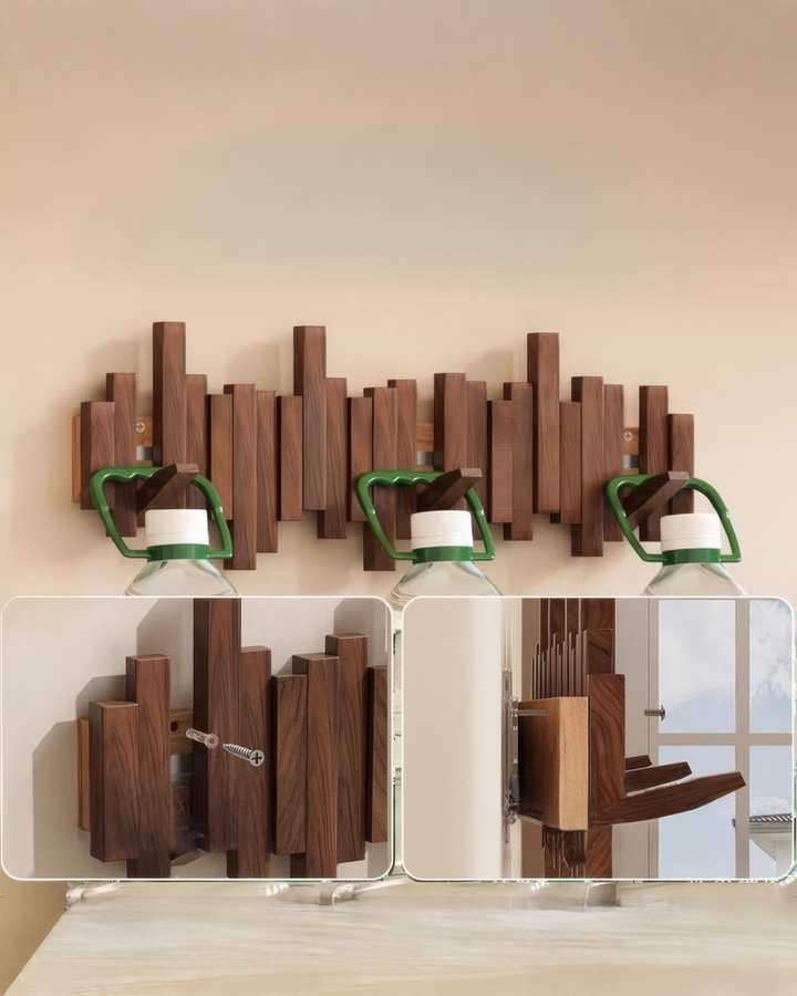 Wooden rack with three hooks holding large water bottles by their green handles, plus two inset close-ups of the screw mounting and hook mechanism.