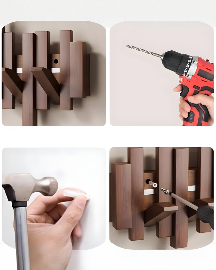 Four-panel installation guide: folded hooks on the rack, a power drill, a hammer tapping a wall plug, and a screwdriver fixing the rack.