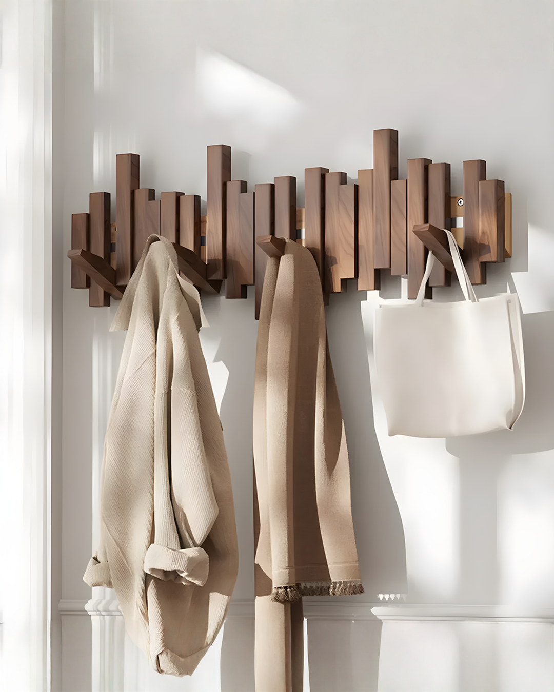 Dark wooden staggered-bar rack on a white wall in sunlight, with folded hooks carrying knit clothing, a scarf and a white tote bag.