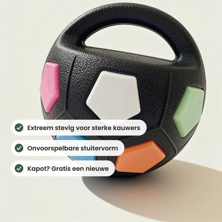Black textured ball with a loop handle and pink, white, green, blue and orange panels, detail.