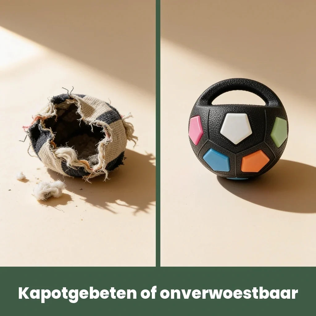 Side-by-side comparison of a shredded fabric ball and the intact black rubber ball.