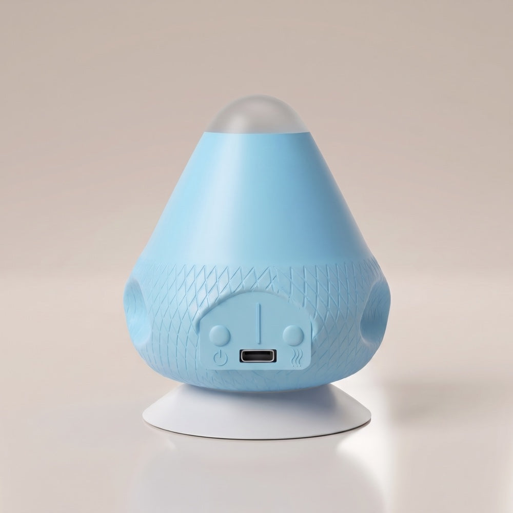 Light blue massager with a white suction base, front view showing the patterned band, two control buttons, and USB-C charging port. 18