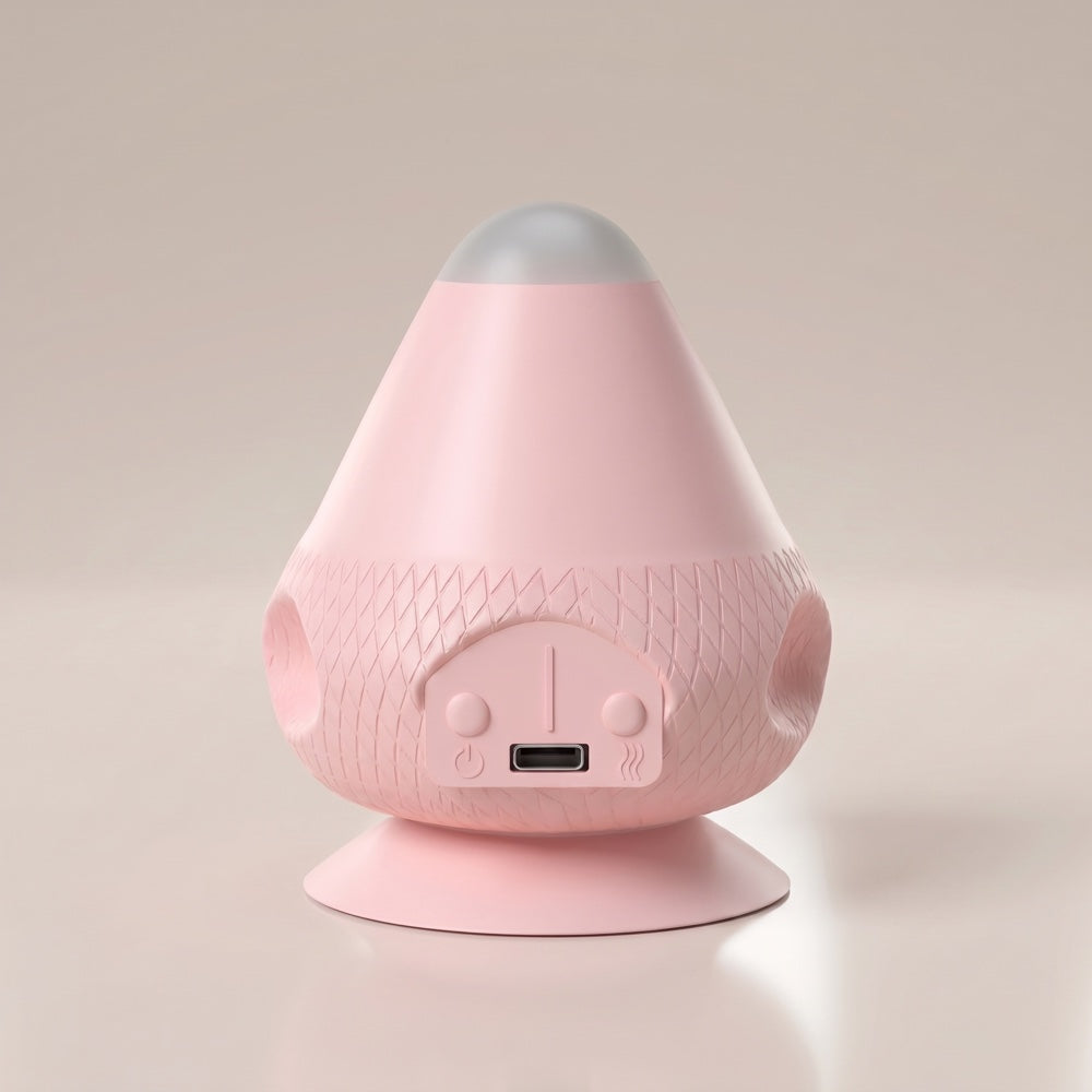 Pink massager with a pale tip and matching suction base, front view showing the diamond-patterned band, control buttons, and USB-C port. 17