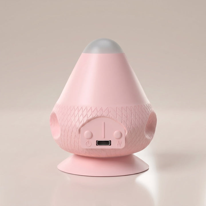 Pink massager with a pale tip and matching suction base, front view showing the diamond-patterned band, control buttons, and USB-C port. 17