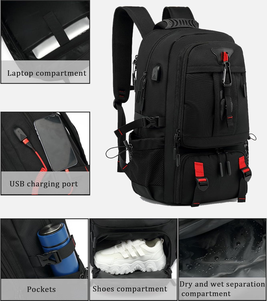 60L Waterproof Travel Laptop Backpack with USB and Shoe Compartment