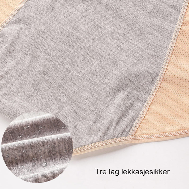 Inside view of beige briefs showing the gray absorbent lining beside mesh sides, with an inset of water droplets on the fabric. 12