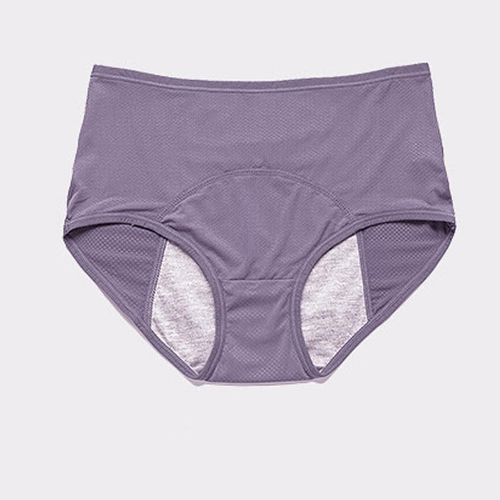 Flat lay of dusty purple high-waisted mesh briefs with a gray lined gusset. 13