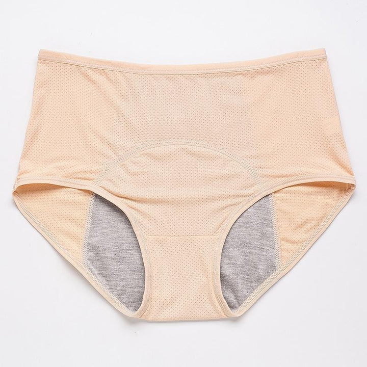 Flat lay of beige high-waisted mesh briefs with a gray lined gusset. 14