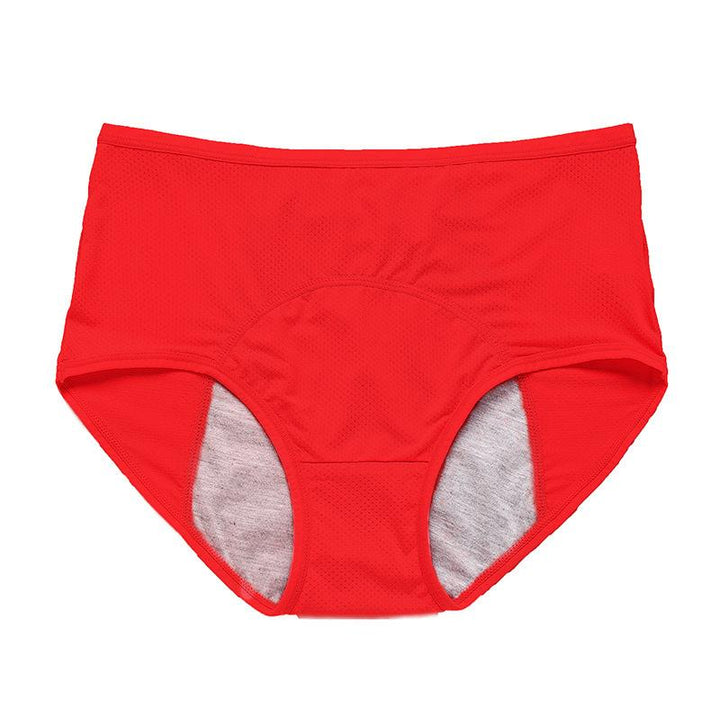 Flat lay of red high-waisted mesh briefs with a gray lined gusset. 16