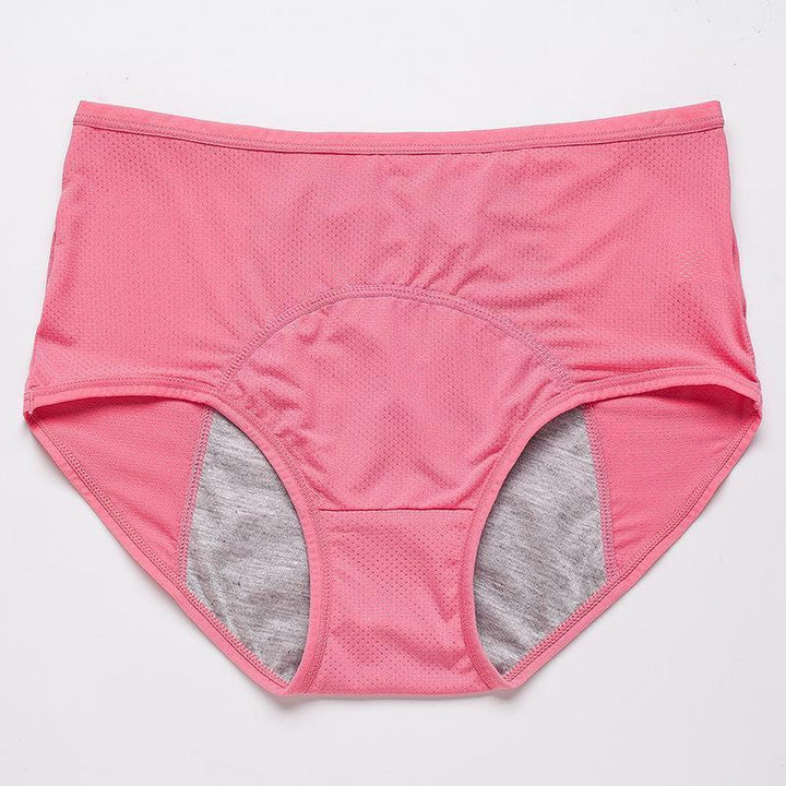 Flat lay of pink high-waisted mesh briefs with a gray lined gusset. 17