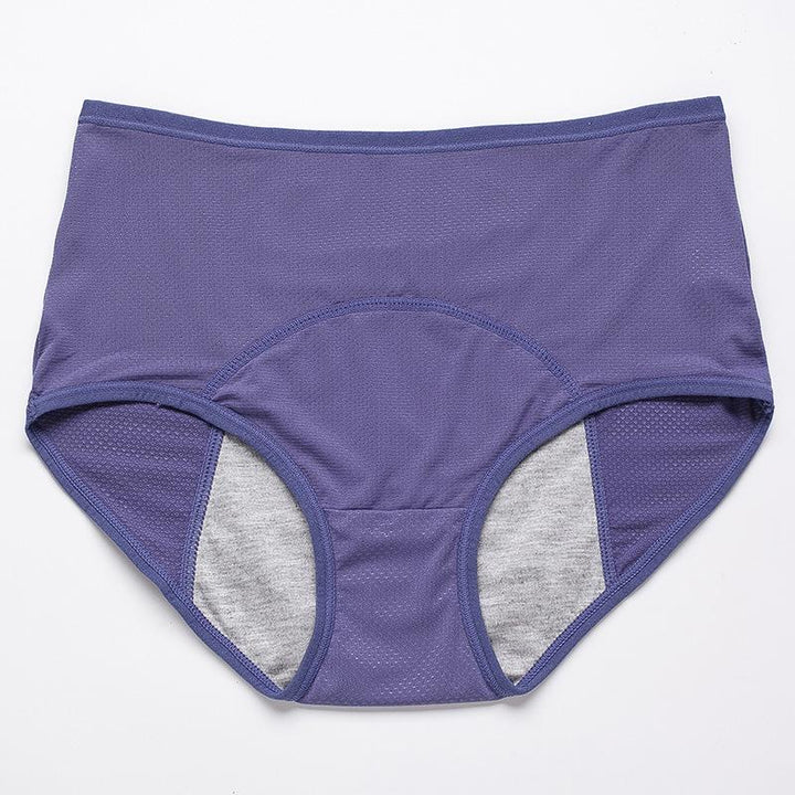 Flat lay of blue-violet high-waisted mesh briefs with a gray lined gusset. 18