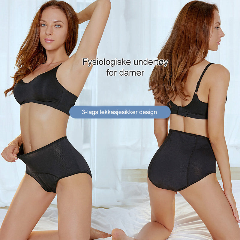 Model in a black bra and high-waisted black briefs shown from the front and from the back, kneeling on a white bed. 1