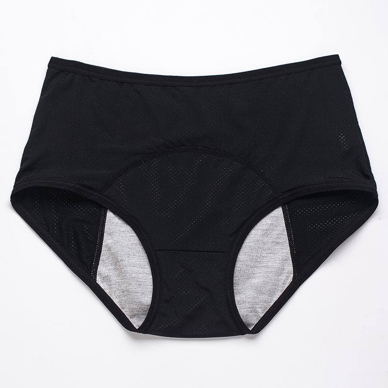 Flat lay of black high-waisted mesh briefs with a gray lined gusset. 20