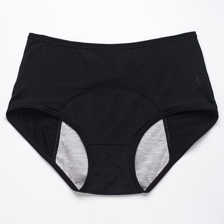 Flat lay of black high-waisted mesh briefs with a gray lined gusset. 20